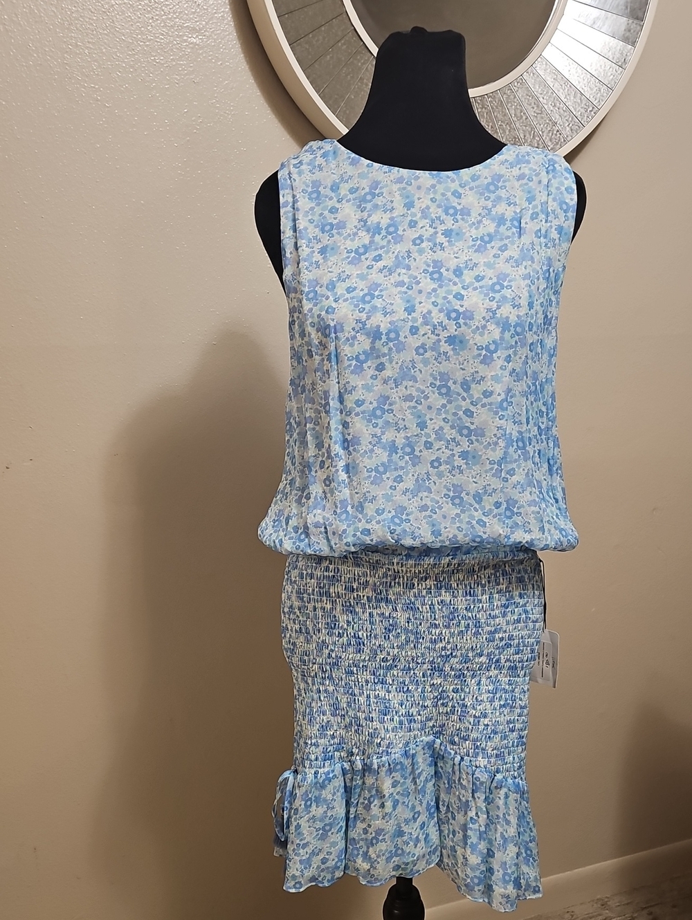 Light Blue Floral Sleeveless Mini Dress with Smocked Waist